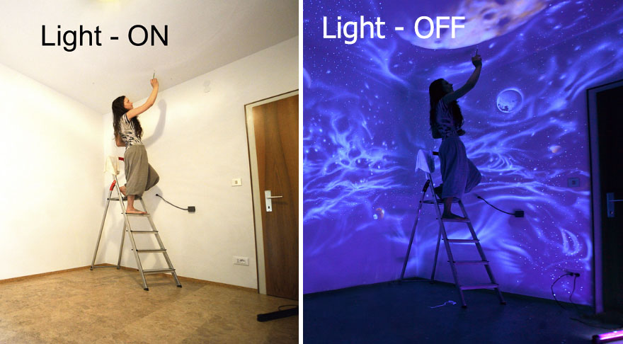 Estos murales luminiscentes convierten las habitaciones en mundos fantásticos al apagar la luz