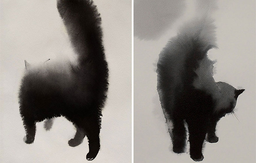 Estos lúgubres gatos negros hechos con acuarelas se diluyen lentamente en el papel