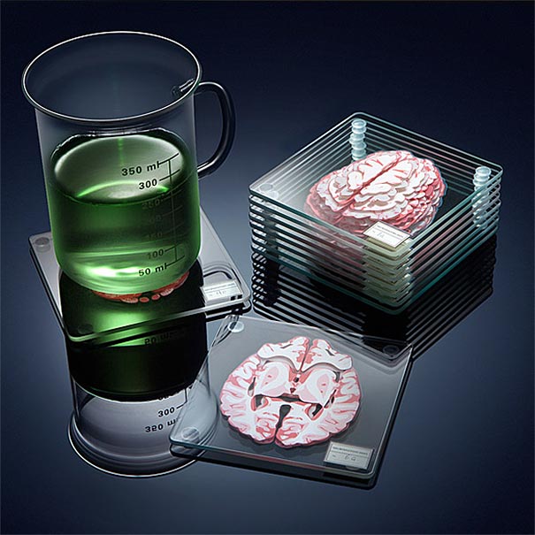 Estos 10 posavasos apilables forman un cerebro 3D sobre tu mesa