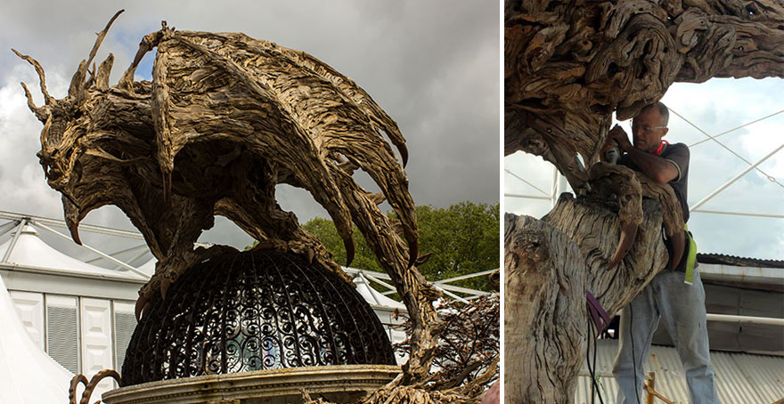 Esculturas de dragones y animales hechas con madera de deriva, por James Doran-Webb