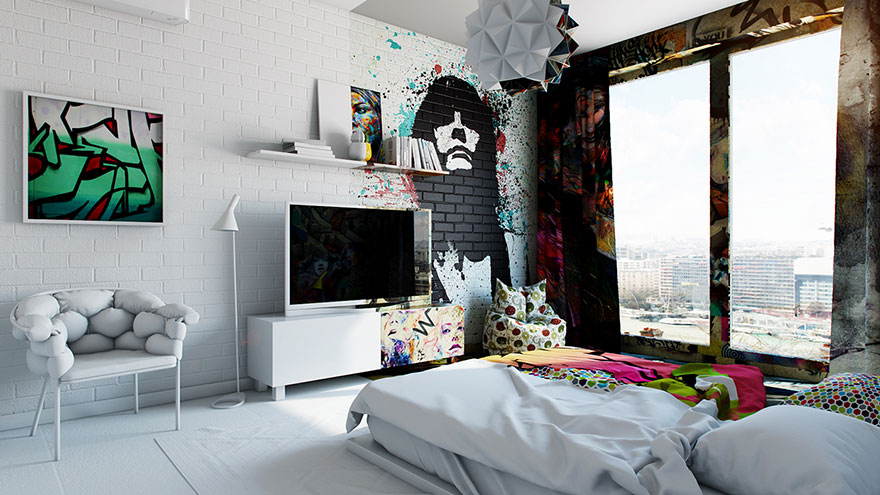 Mitad blanco, mitad graffiti: Un diseñador separa esta habitación de hotel en dos mundos