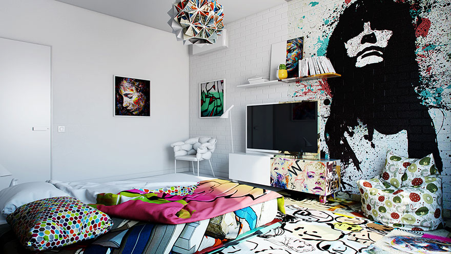 Mitad blanco, mitad graffiti: Un diseñador separa esta habitación de hotel en dos mundos