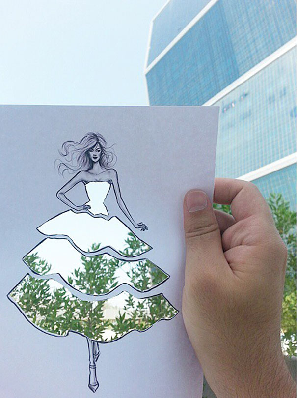 Este ilustrador de moda completa sus vestidos recortables con nubes y edificios