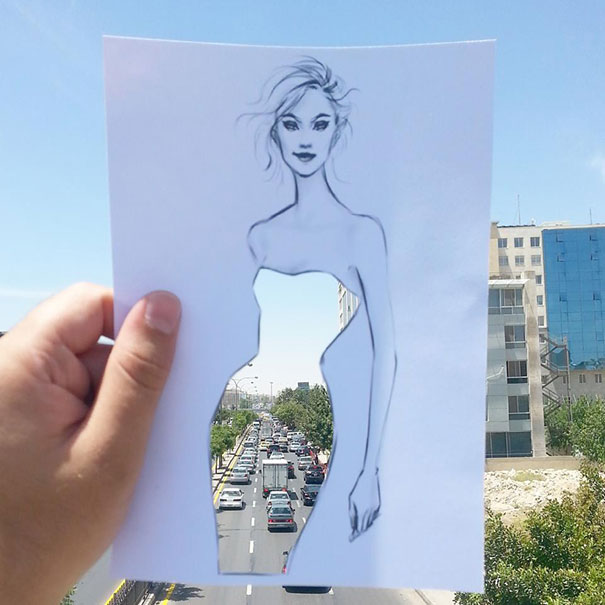 Este ilustrador de moda completa sus vestidos recortables con nubes y edificios