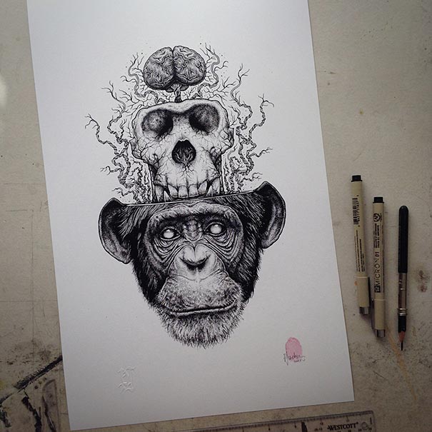 Los animales abandonan sus esqueletos en los asombrosos y oscuros dibujos de Paul Jackson