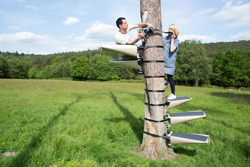 Puedes sujetar esta escalera de caracol a cualquier árbol sin usar herramientas