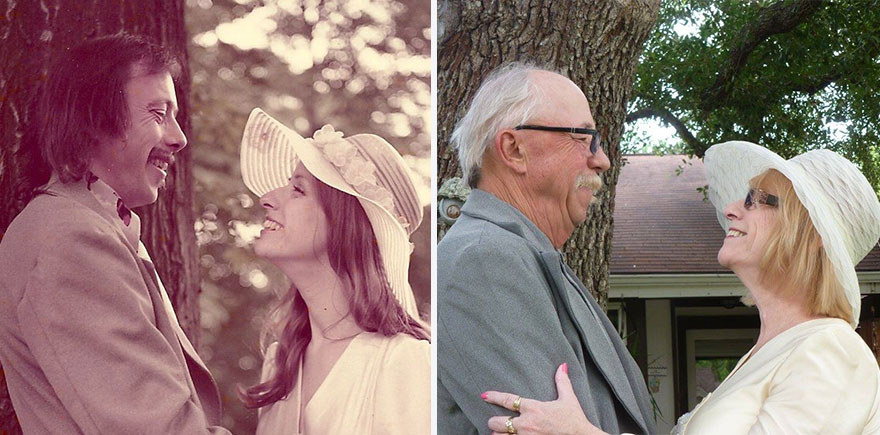 Esta pareja celebra su 40º aniversario recreando sus fotos de boda de 1975