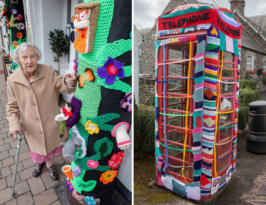 Esta artista urbana de 104 años llena su ciudad con sus obras de ganchillo