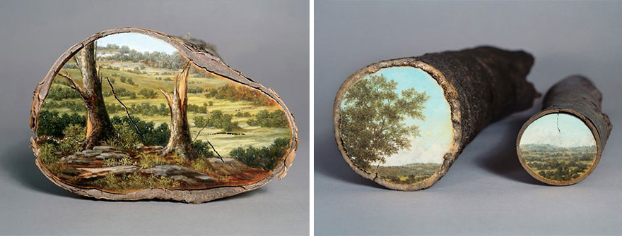 Estos paisajes pintados en troncos caídos nos recuerdan que no debemos menospreciar la naturaleza