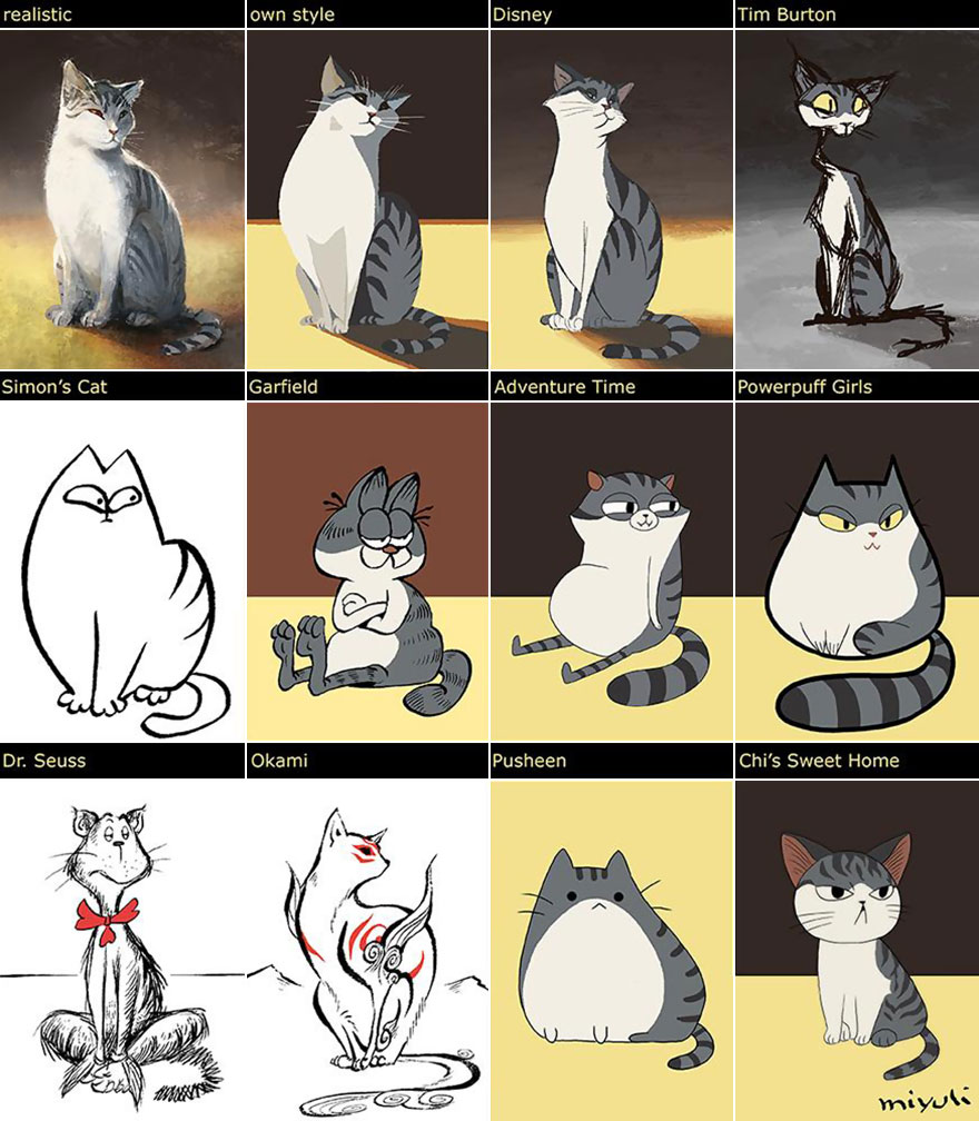 Esta artista dibuja a su gato en 12 estilos distintos, desde Disney a Tim Burton