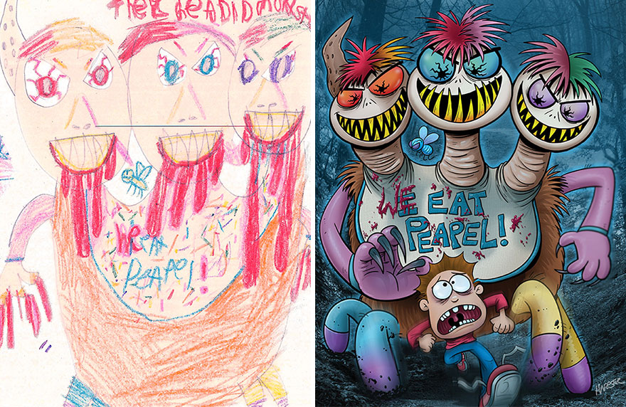 Artistas profesionales recrean dibujos infantiles de monstruos en su propio estilo