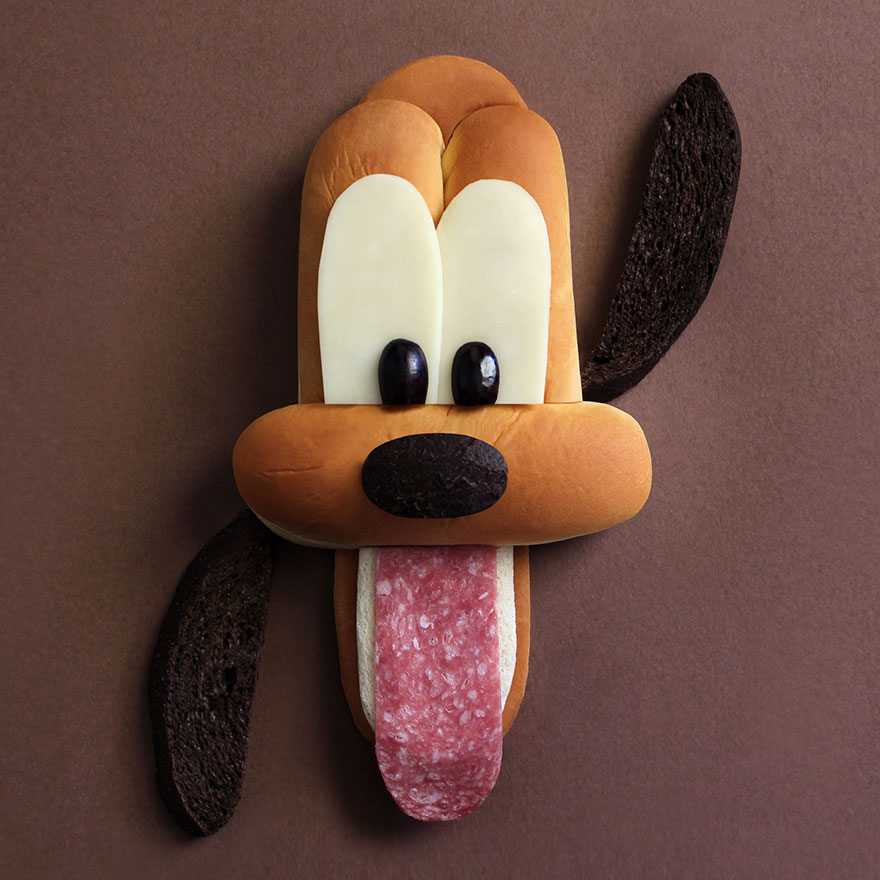 Retratos de animales Disney hechos con panecillos, calabacín y otros alimentos