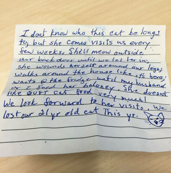 Este gato volvió a casa con una nota revelando que tiene una familia secreta