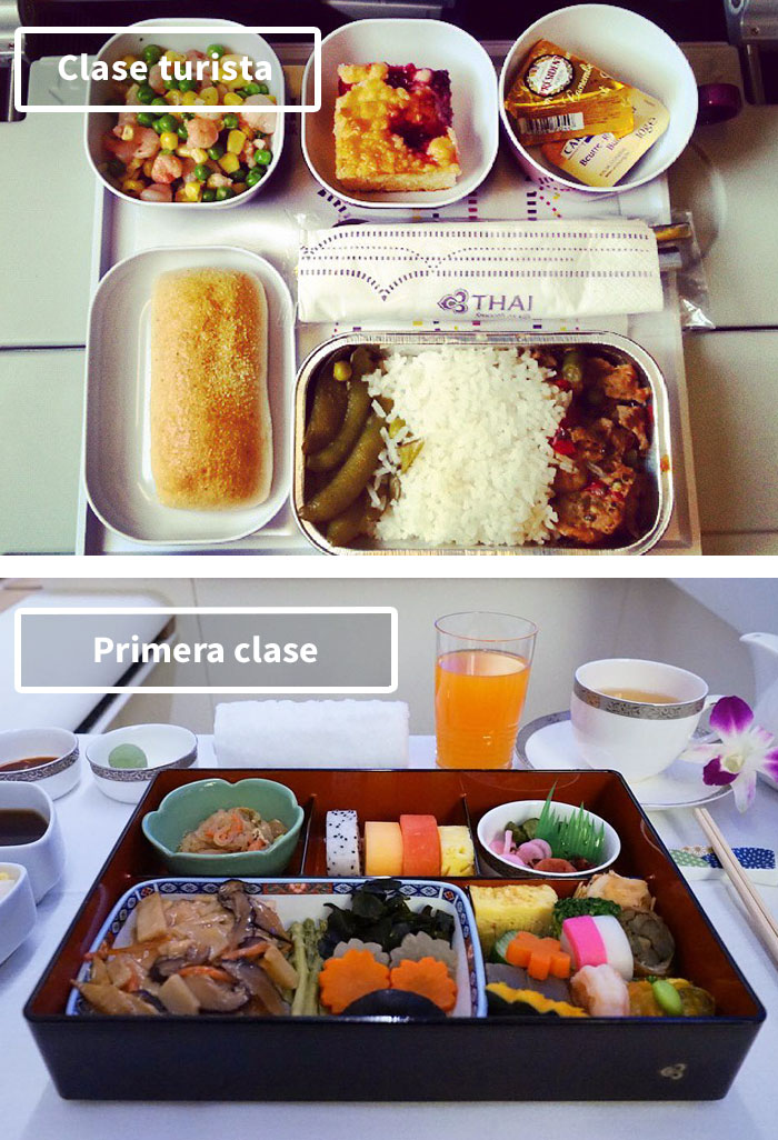La comida en distintas aerolíneas: Turista vs. 1ª clase