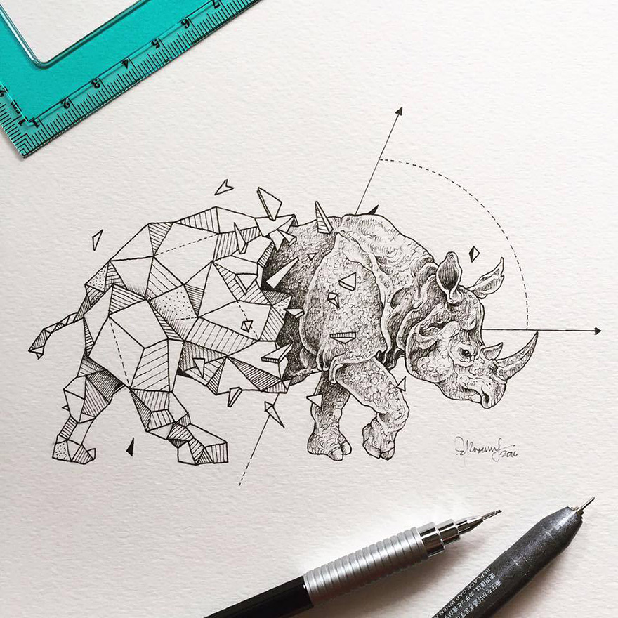 Intrincados dibujos de animales salvajes fusionados con formas geométricas