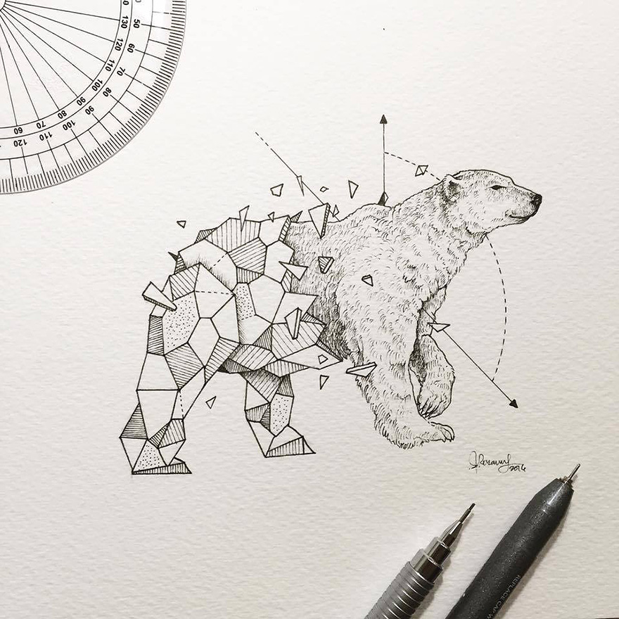Intrincados dibujos de animales salvajes fusionados con formas geométricas
