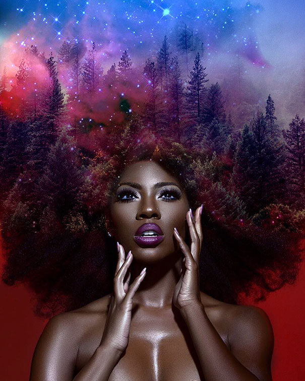Peinados afro convertidos en galaxias floridas para que las mujeres negras se enorgullezcan de sus raíces africanas
