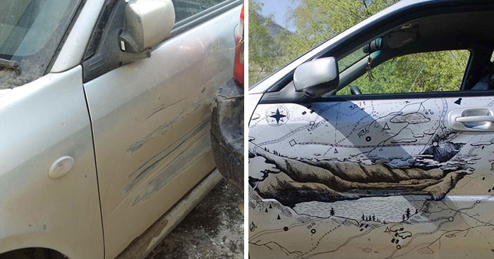 Cuando un camión abolló el coche de este ruso, decidió «arreglarlo» de la forma más creativa