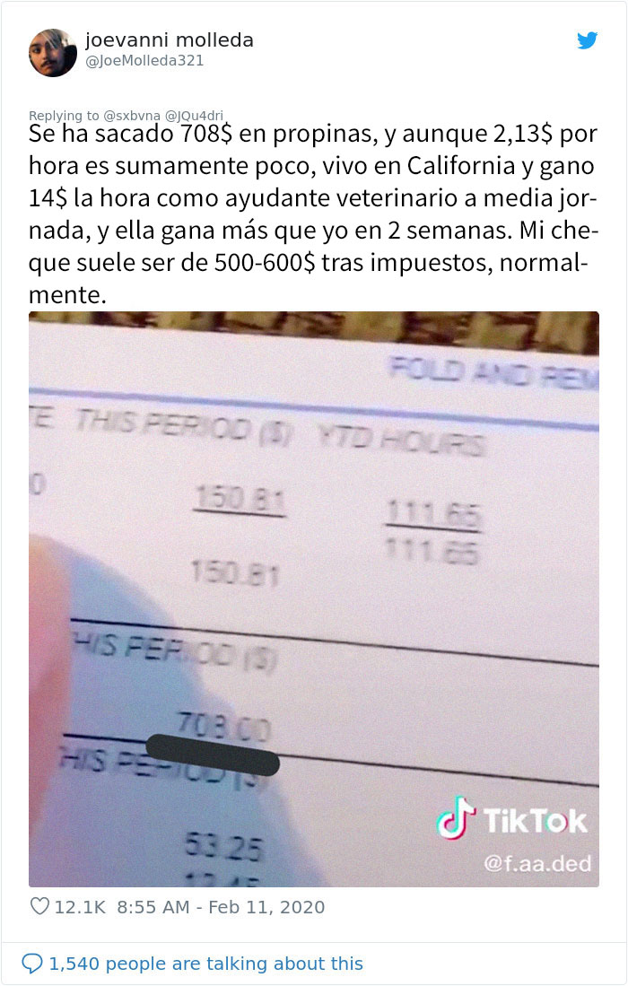 Esta madre comparte en TikTok su cheque de 9,28$ tras trabajar 70 horas de camarera