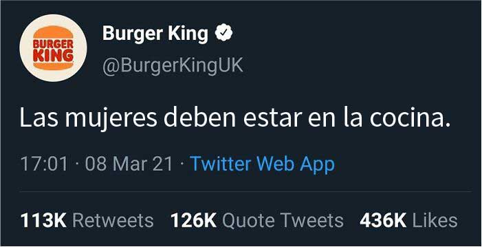 Burger King UK tuitea que "las mujeres deben estar en la cocina" en el Día Internacional de la Mujer