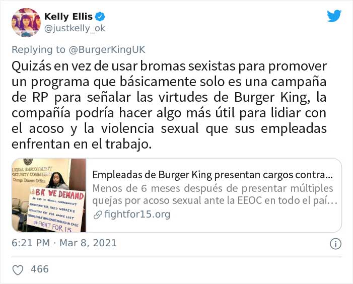 Burger King UK tuitea que "las mujeres deben estar en la cocina" en el Día Internacional de la Mujer