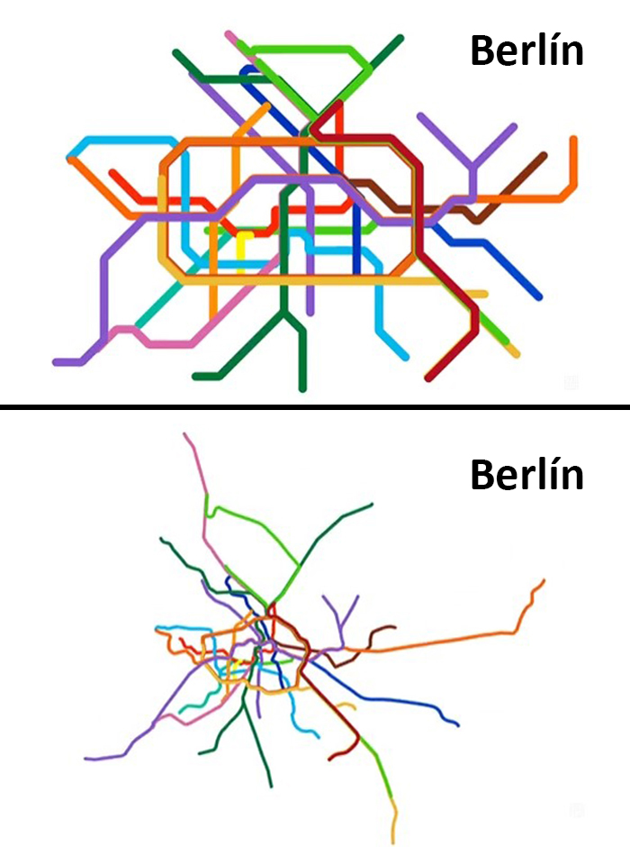 Mapa del metro de Berlín comparado con su geografía real