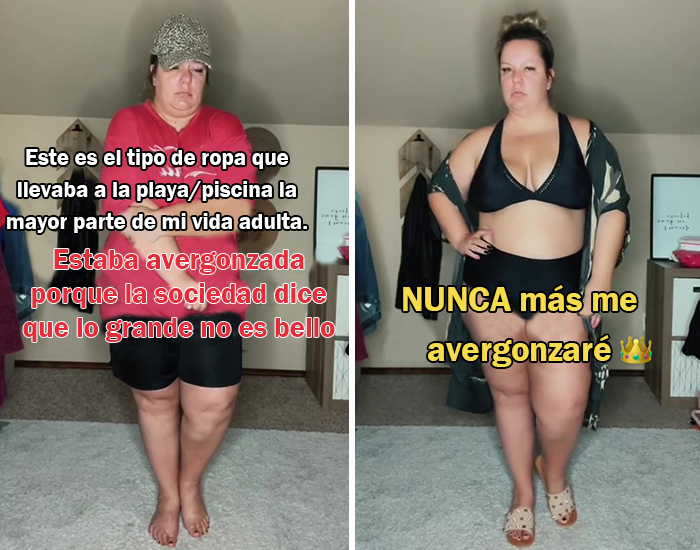 5 Fotos de mujeres de talla grande comparando lo que otros quieren que lleven en la playa con lo que ellas quieren llevar