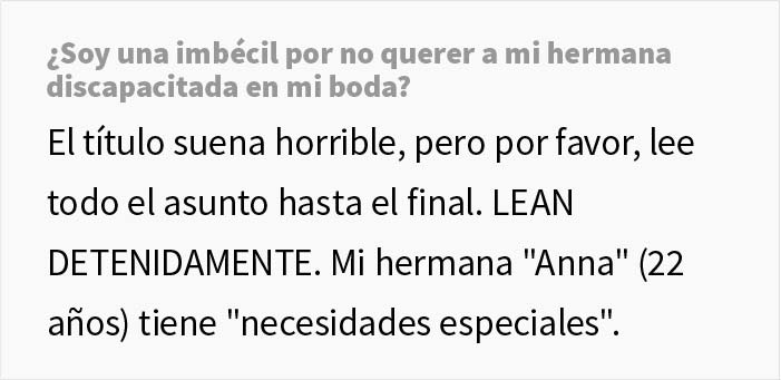 "Lean detenidamente": Esta novia se niega a invitar a su hermana autista a su boda porque no puede comprender los l&iacute;mites