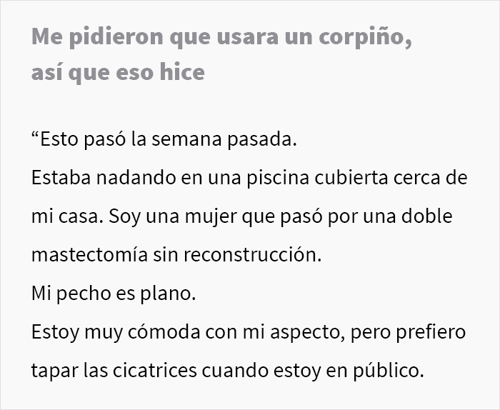 Le pidieron a una mujer con una mastectom&iacute;a doble que usara corpi&ntilde;o en la piscina, ella sigui&oacute; la regla al pie de la letra en su cumplimiento malicioso