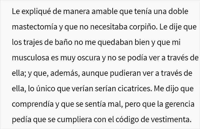 Le pidieron a una mujer con una mastectom&iacute;a doble que usara corpi&ntilde;o en la piscina, ella sigui&oacute; la regla al pie de la letra en su cumplimiento malicioso