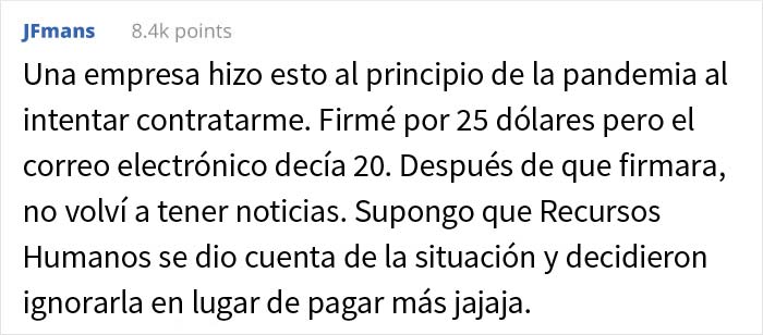 Esta persona consigui&oacute; un trabajo de 20$ la hora, pero en el cheque le pagaron la mitad porque "el contrato ten&iacute;a un error"