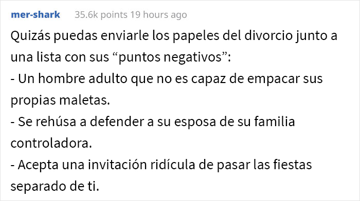 Esta mujer no fue invitada a la fiesta de Navidad de la familia de su esposo debido a sus &ldquo;puntos negativos&rdquo; del a&ntilde;o anterior, y el drama comenz&oacute; cuando no empac&oacute; las maletas de su esposo