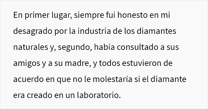 “¿Soy idiota por comprarle a mi prometida un diamante fabricado en un laboratorio y negarme a cambiarlo por una piedra natural?” “¿Soy idiota por comprarle a mi prometida un diamante fabricado en un laboratorio y negarme a cambiarlo por una piedra natural?”