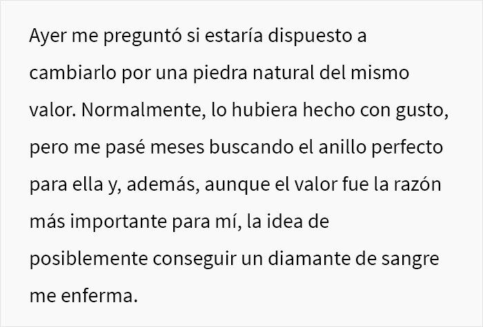 “¿Soy idiota por comprarle a mi prometida un diamante fabricado en un laboratorio y negarme a cambiarlo por una piedra natural?” “¿Soy idiota por comprarle a mi prometida un diamante fabricado en un laboratorio y negarme a cambiarlo por una piedra natural?”