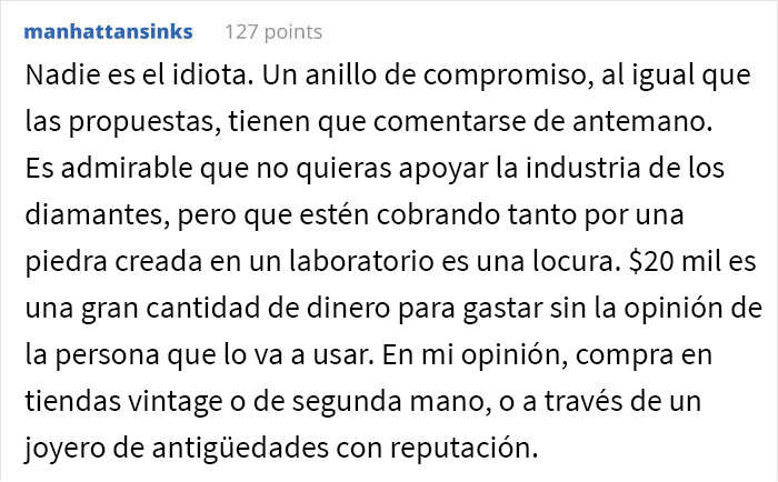 “¿Soy idiota por comprarle a mi prometida un diamante fabricado en un laboratorio y negarme a cambiarlo por una piedra natural?” “¿Soy idiota por comprarle a mi prometida un diamante fabricado en un laboratorio y negarme a cambiarlo por una piedra natural?”
