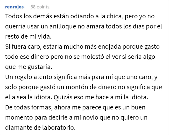 “¿Soy idiota por comprarle a mi prometida un diamante fabricado en un laboratorio y negarme a cambiarlo por una piedra natural?” “¿Soy idiota por comprarle a mi prometida un diamante fabricado en un laboratorio y negarme a cambiarlo por una piedra natural?”