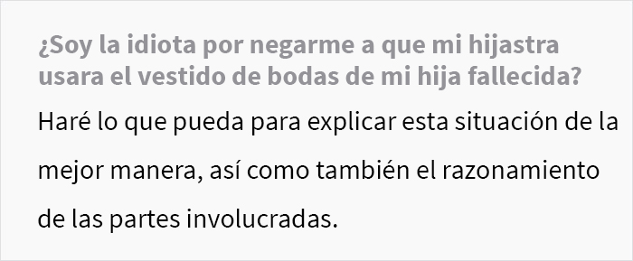 Esta madre pregunta si se equivoc&oacute; al negarse a prestarle a su hijastra el vestido de boda de su hija fallecida