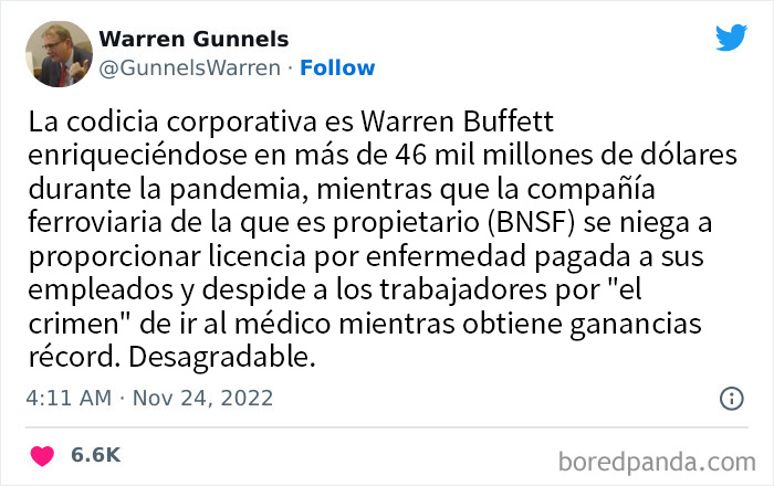 Warren Buffett gana miles de millones y los ferroviarios siguen sin cobrar licencia por enfermedad