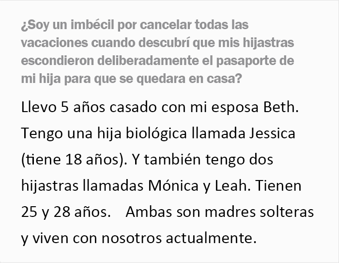 "&iquest;Soy idiota por cancelar las vacaciones al descubrir que mis hijastras ocultaron el pasaporte de mi hija?"