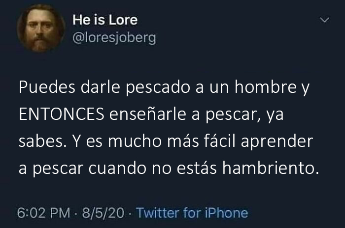 Publicación divertida de Tumblr sobre enseñar a pescar antes de dar pescado.