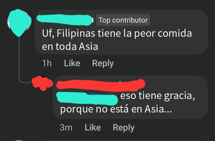 Mensaje corregido humorísticamente sobre la comida en Filipinas y su ubicación en Asia.