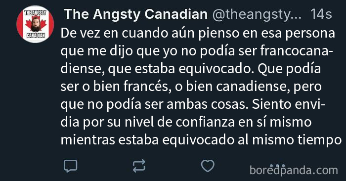 Tweet irónico sobre ser francocanadiense, resaltando errores al corregir a otros.