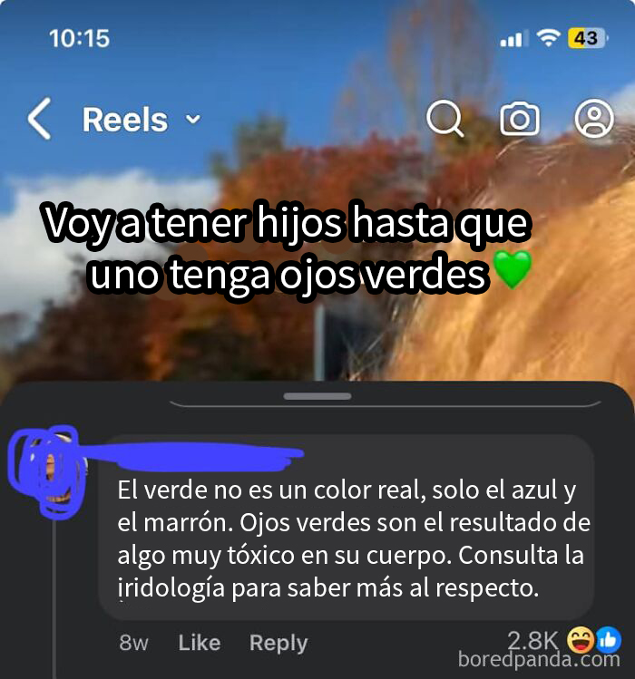 Texto sobre hijos y ojos verdes, con un comentario corrigiendo sobre el color verde y su toxicidad.