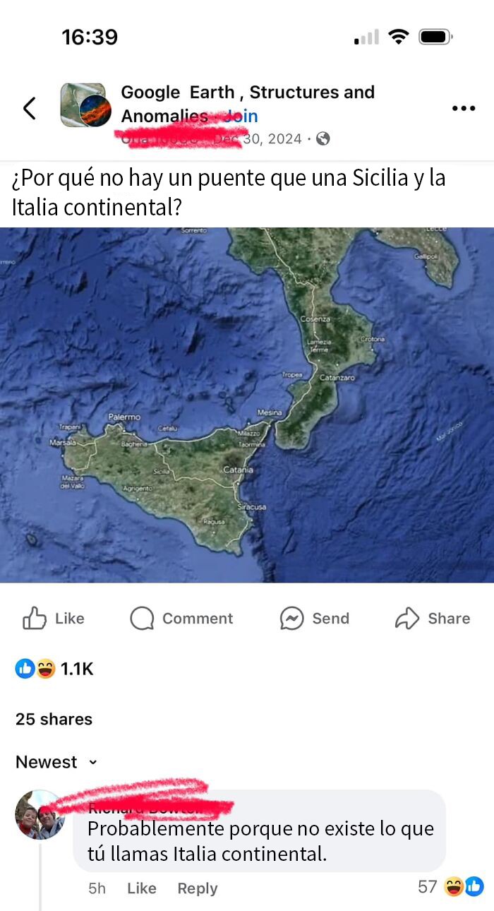 Mapa satelital de Italia y Sicilia con comentario irónico sobre Italia continental.