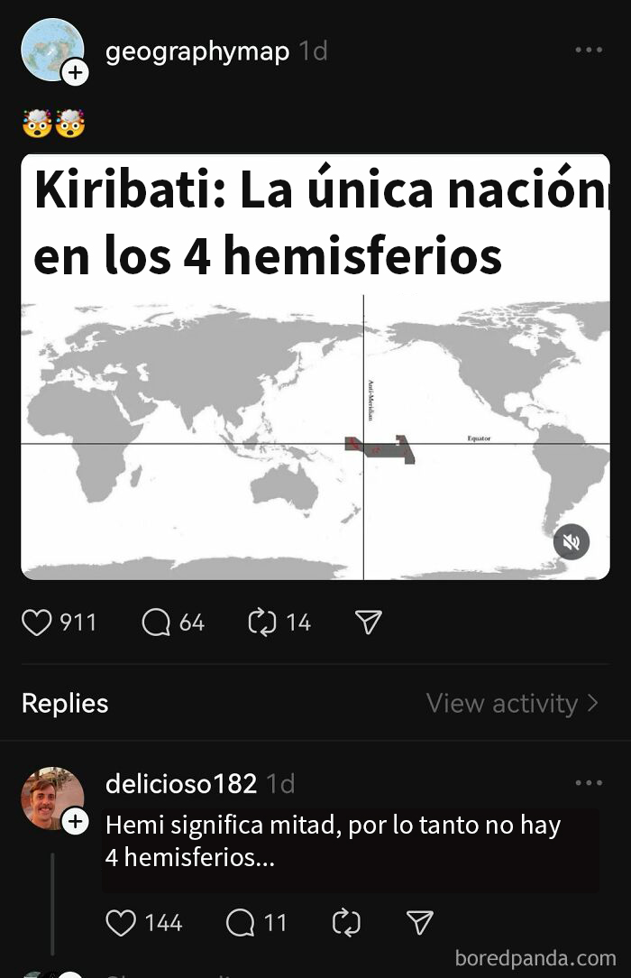 Mapa con Kiribati, en publicación sobre corregir a alguien, comentario cuestiona los 4 hemisferios.