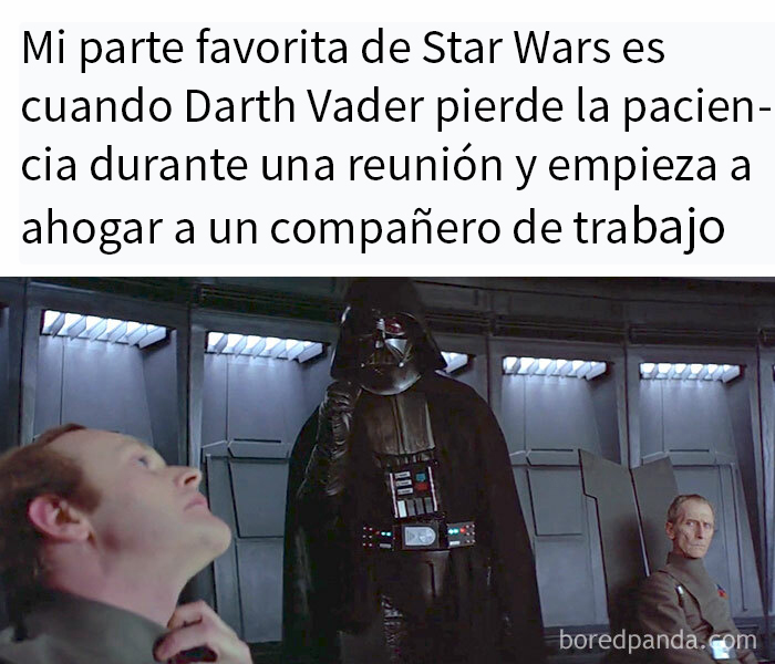 Darth Vader en una reunión perdiendo la paciencia, relacionado con memes de la jornada laboral.