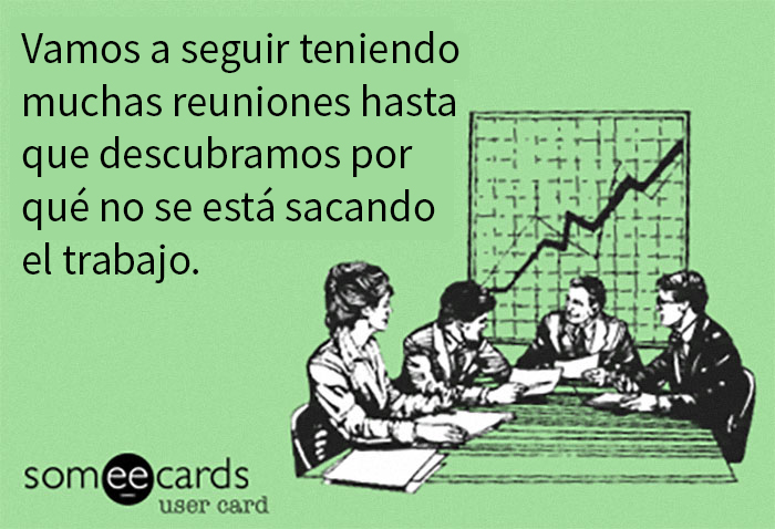 Reunión de oficina en una tarjeta humorística sobre la jornada laboral con gráfico ascendente en el fondo.