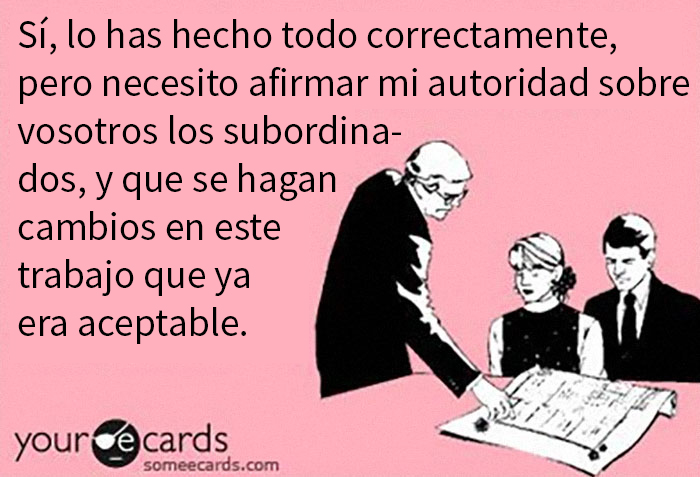 Dibujo humorístico de jefe señalando un documento, mientras subalternos lo observan. Texto sarcástico sobre jornada laboral.