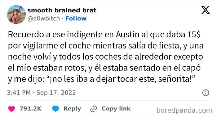 Publicación divertida de Tumblr sobre una anécdota en Austin con un indigente cuidando un coche.