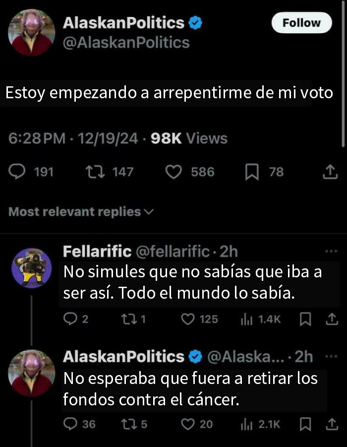 Tuit de "AlaskanPolitics" con respuestas sobre decisiones políticas estúpidas.